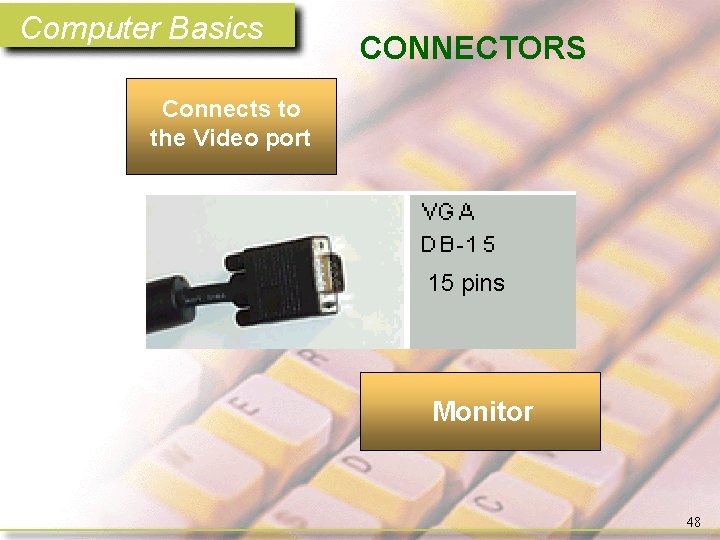 Computer Basics CONNECTORS Connects to the Video port 15 pins Monitor 48 