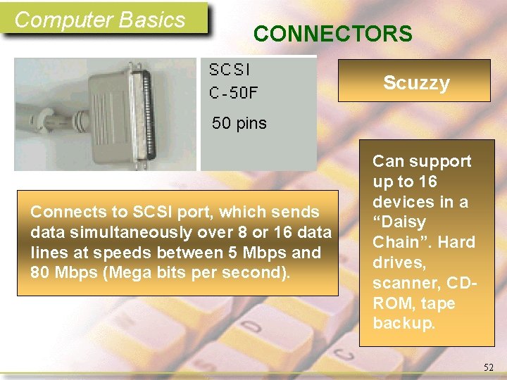 Computer Basics CONNECTORS Scuzzy 50 pins Connects to SCSI port, which sends data simultaneously