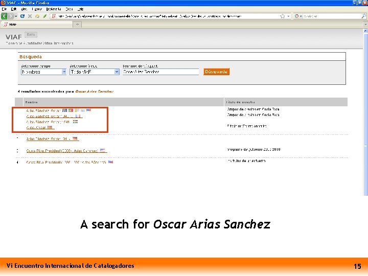 A search for Oscar Arias Sanchez Vi Encuentro Internacional de Catalogadores 15 