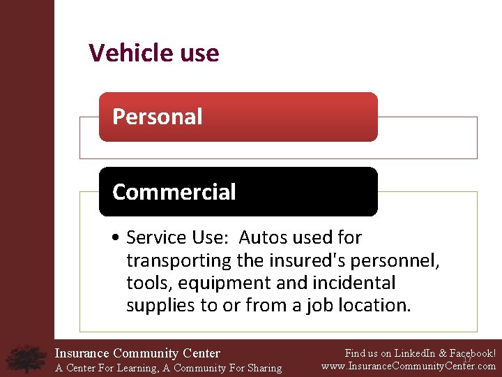 Vehicle use Personal Commercial • Service Use: Autos used for transporting the insured's personnel,