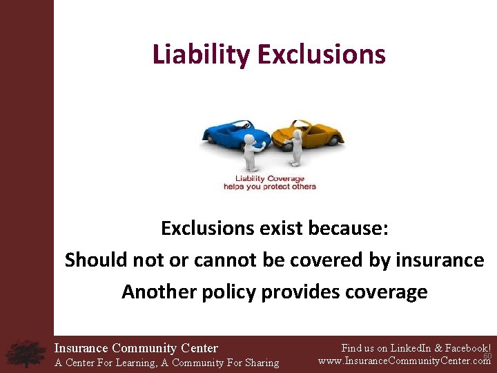 Liability Exclusions exist because: Should not or cannot be covered by insurance Another policy