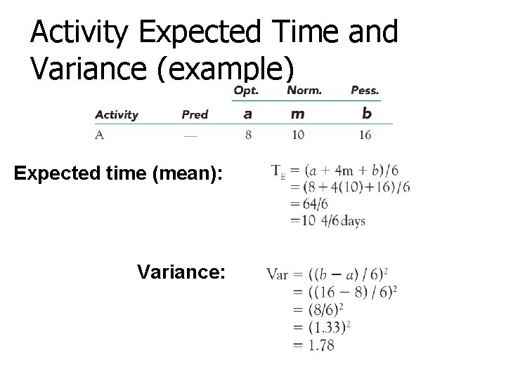 Activity Expected Time and Variance (example) Expected time (mean): Variance: 