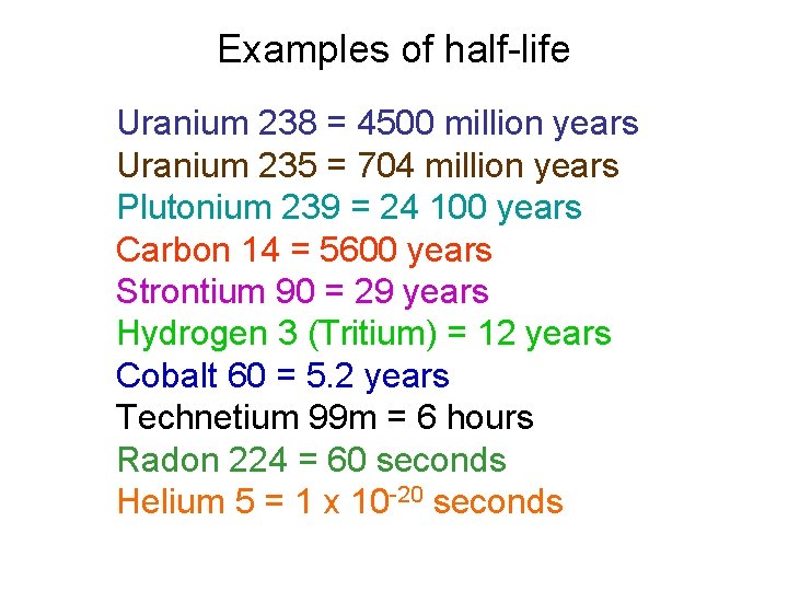 Examples of half-life Uranium 238 = 4500 million years Uranium 235 = 704 million