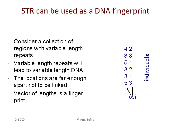  • • Consider a collection of regions with variable length repeats. Variable length