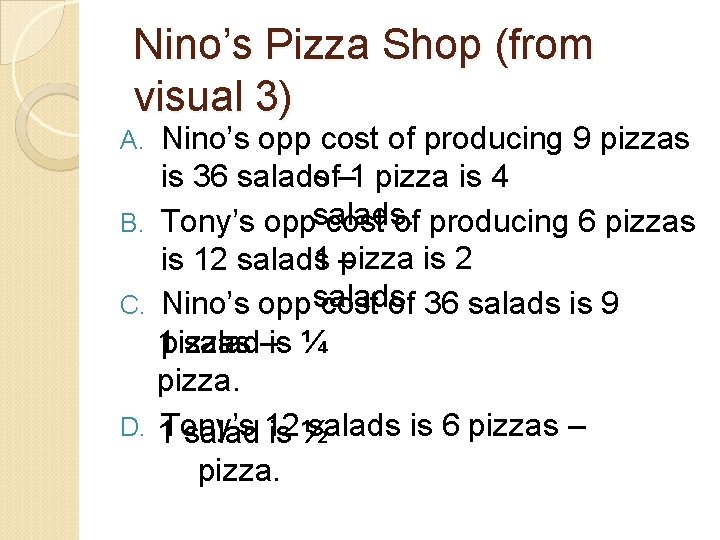 Nino’s Pizza Shop (from visual 3) Nino’s opp cost of producing 9 pizzas of–