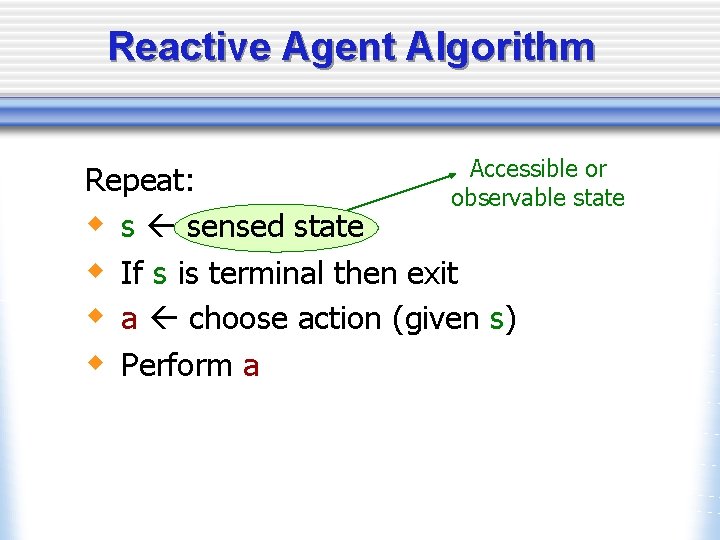 Reactive Agent Algorithm Accessible or Repeat: observable state w s sensed state w If