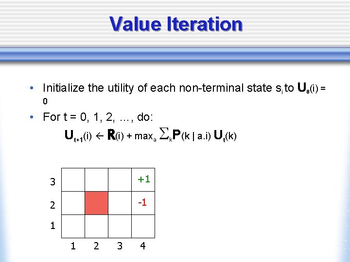 Value Iteration • Initialize the utility of each non-terminal state si to U 0(i)
