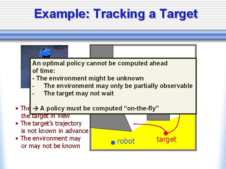 Example: Tracking a Target An optimal policy cannot be computed ahead of time: -