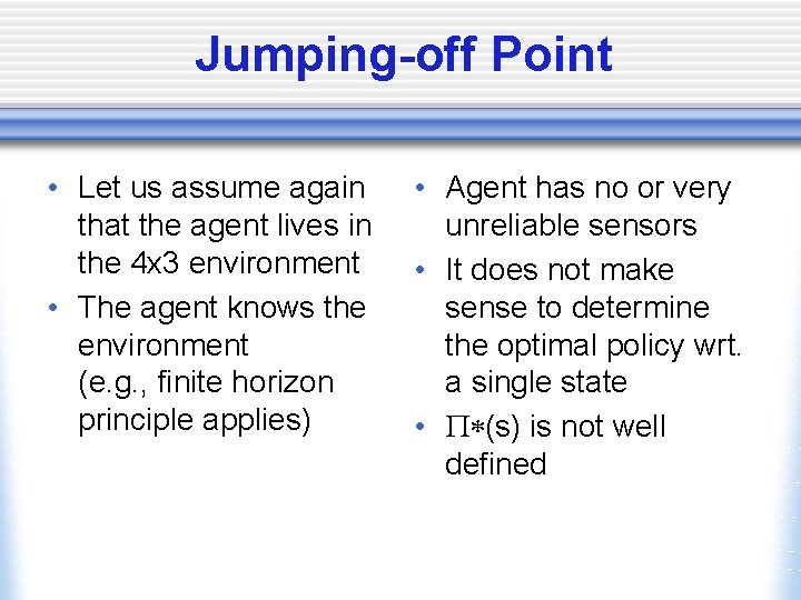 Jumping-off Point • Let us assume again that the agent lives in the 4