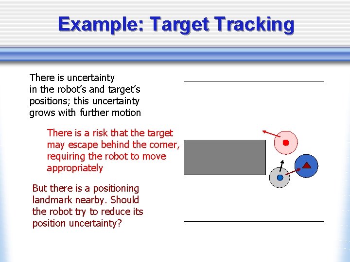 Example: Target Tracking There is uncertainty in the robot’s and target’s positions; this uncertainty