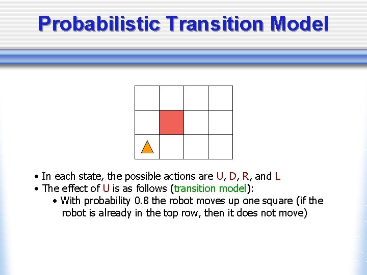 Probabilistic Transition Model • In each state, the possible actions are U, D, R,