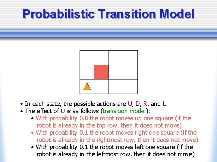 Probabilistic Transition Model • In each state, the possible actions are U, D, R,