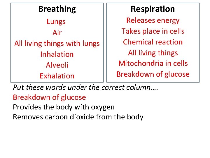 Breathing Respiration Releases energy Lungs Takes place in cells Air Chemical reaction All living