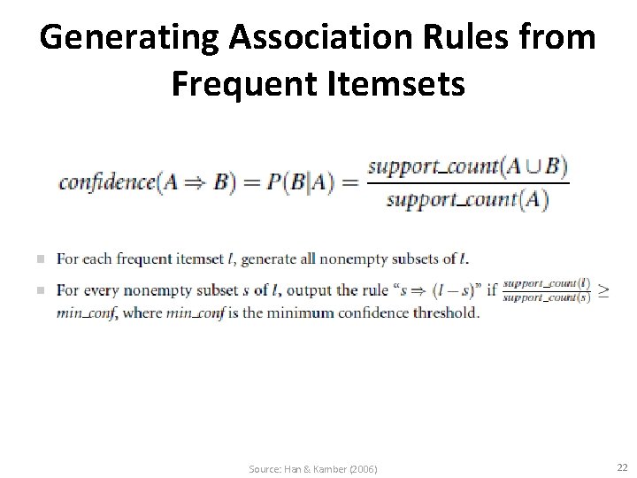 Generating Association Rules from Frequent Itemsets Source: Han & Kamber (2006) 22 