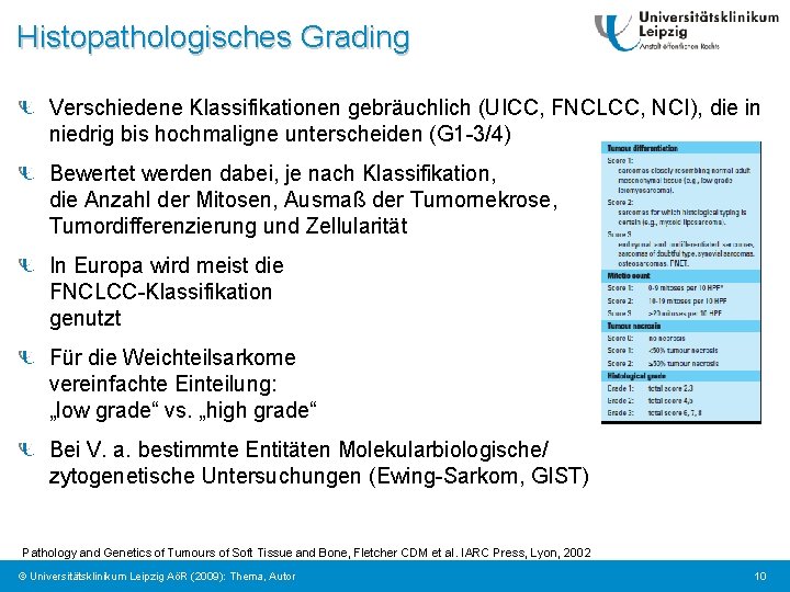 Histopathologisches Grading Verschiedene Klassifikationen gebräuchlich (UICC, FNCLCC, NCI), die in niedrig bis hochmaligne unterscheiden