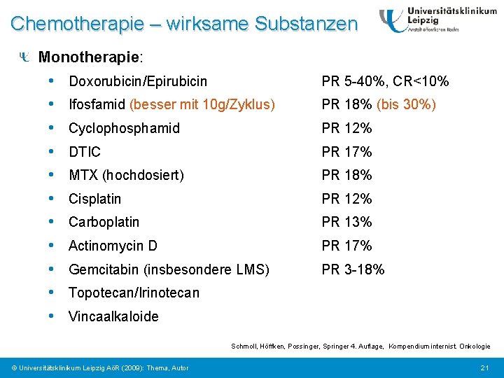 Chemotherapie – wirksame Substanzen Monotherapie: • • • Doxorubicin/Epirubicin PR 5 -40%, CR<10% Ifosfamid