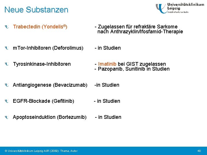 Neue Substanzen Trabectedin (Yondelis®) - Zugelassen für refraktäre Sarkome nach Anthrazyklin/Ifosfamid-Therapie m. Tor-Inhibitoren (Deforolimus)