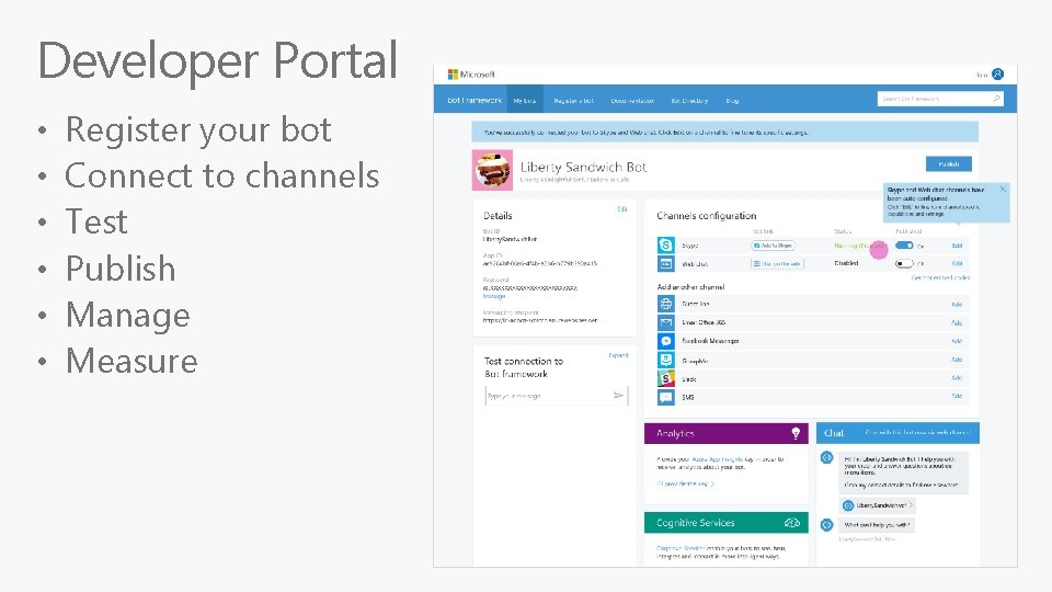 Developer Portal • • • Register your bot Connect to channels Test Publish Manage