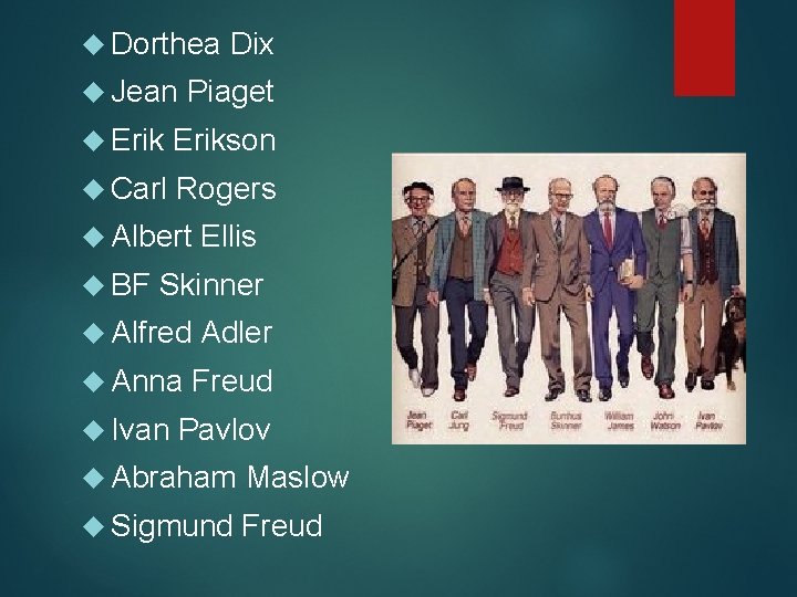  Dorthea Dix Jean Piaget Erikson Carl Rogers Albert Ellis BF Skinner Alfred Adler