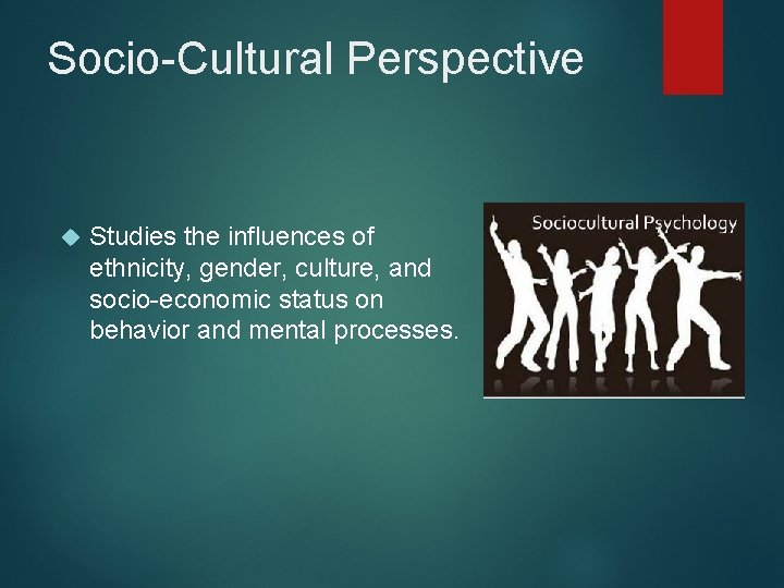Socio-Cultural Perspective Studies the influences of ethnicity, gender, culture, and socio-economic status on behavior