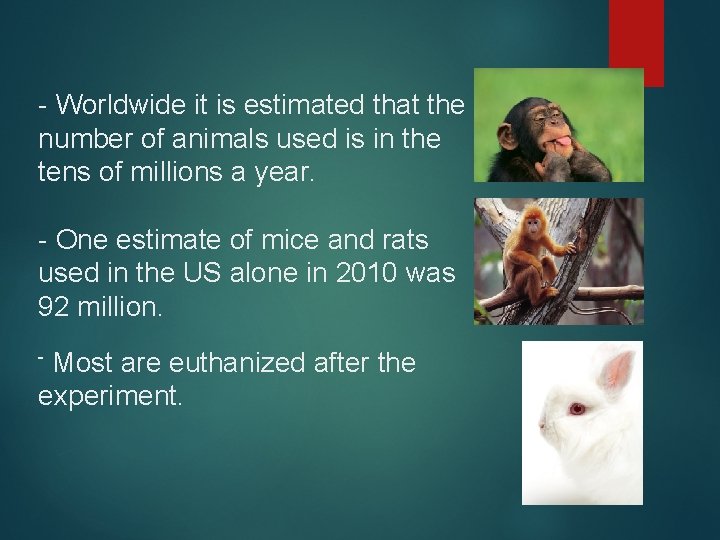 - Worldwide it is estimated that the number of animals used is in the