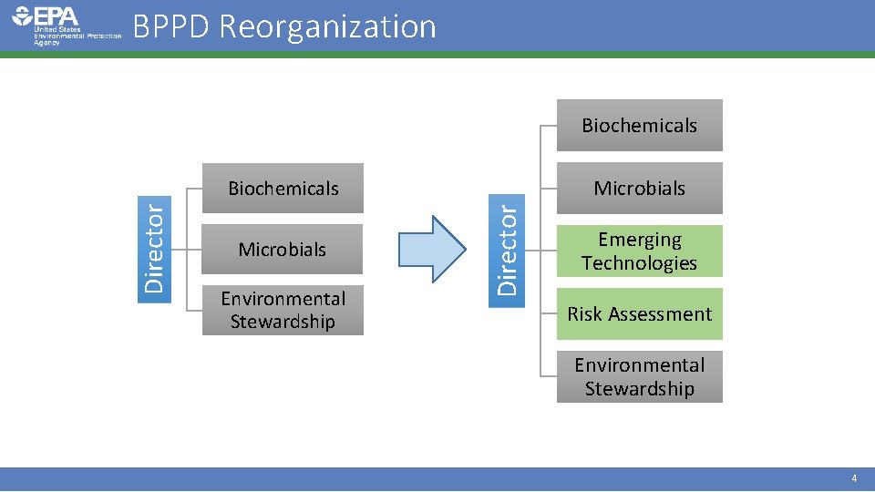 BPPD Reorganization Biochemicals Microbials Environmental Stewardship Director Biochemicals Emerging Technologies Risk Assessment Environmental Stewardship