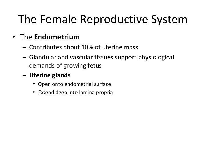 The Female Reproductive System • The Endometrium – Contributes about 10% of uterine mass