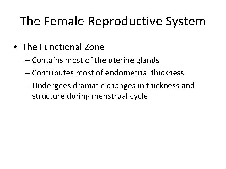 The Female Reproductive System • The Functional Zone – Contains most of the uterine