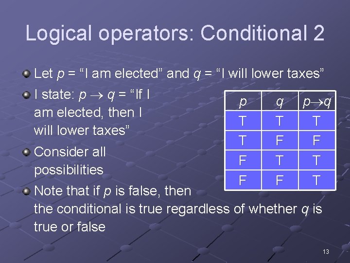 Logical operators: Conditional 2 Let p = “I am elected” and q = “I