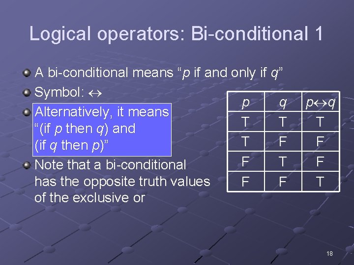 Logical operators: Bi-conditional 1 A bi-conditional means “p if and only if q” Symbol: