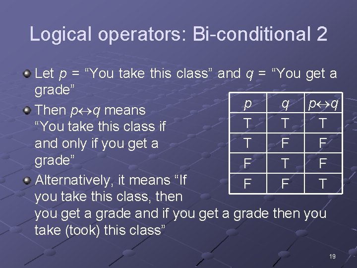 Logical operators: Bi-conditional 2 Let p = “You take this class” and q =