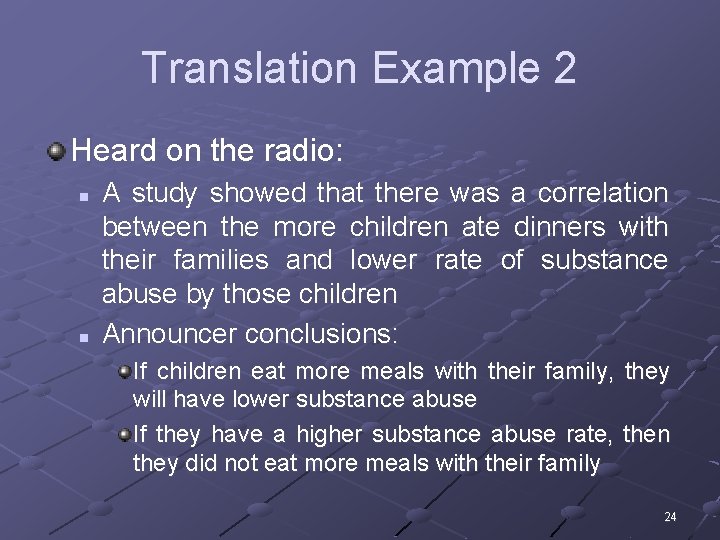 Translation Example 2 Heard on the radio: n n A study showed that there