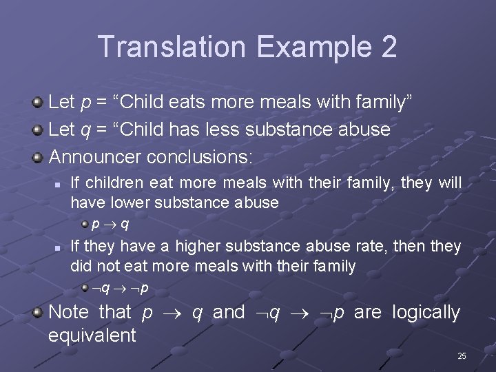 Translation Example 2 Let p = “Child eats more meals with family” Let q