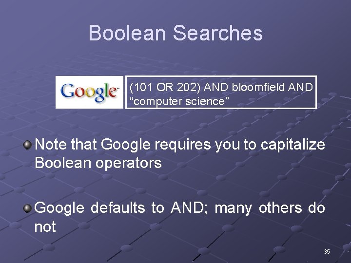 Boolean Searches (101 OR 202) AND bloomfield AND “computer science” Note that Google requires