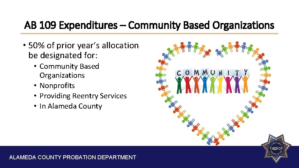 AB 109 Expenditures – Community Based Organizations • 50% of prior year’s allocation be