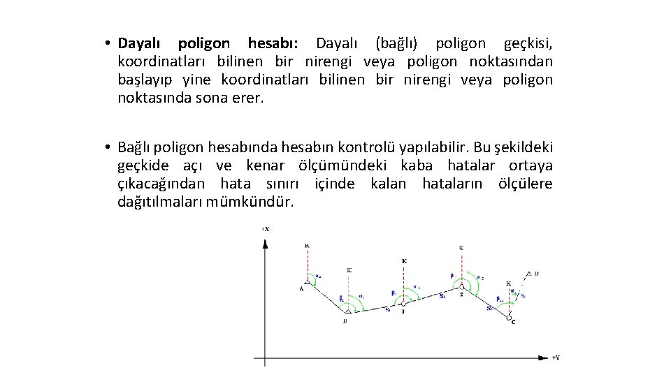  • Dayalı poligon hesabı: Dayalı (bağlı) poligon geçkisi, koordinatları bilinen bir nirengi veya