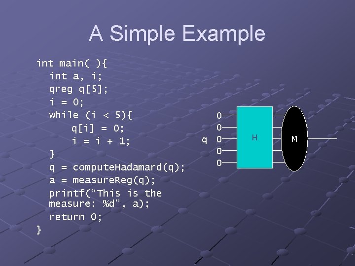 A Simple Example int main( ){ int a, i; qreg q[5]; i = 0;