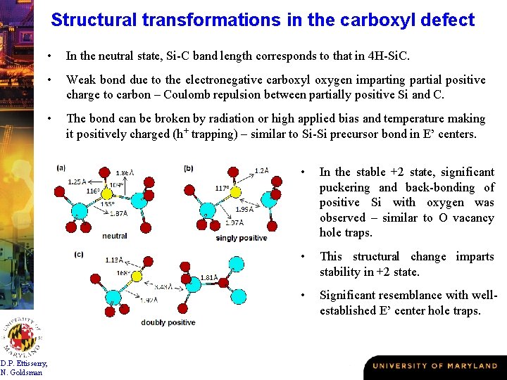 Structural transformations in the carboxyl defect • In the neutral state, Si-C band length