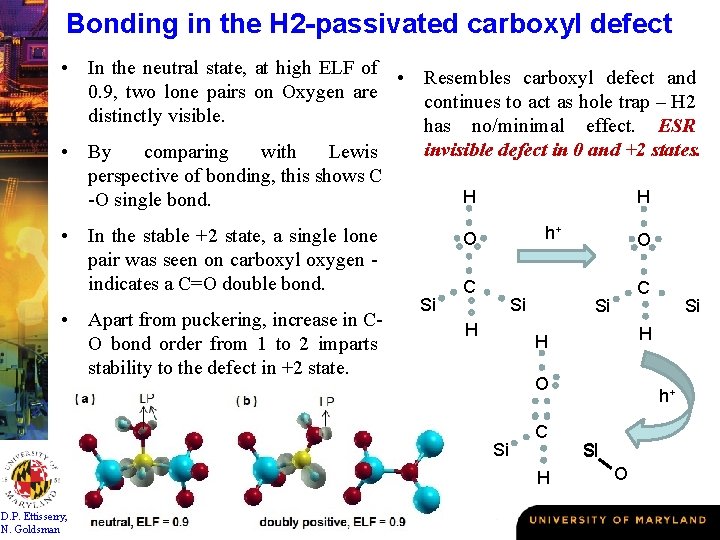 Bonding in the H 2 -passivated carboxyl defect • In the neutral state, at