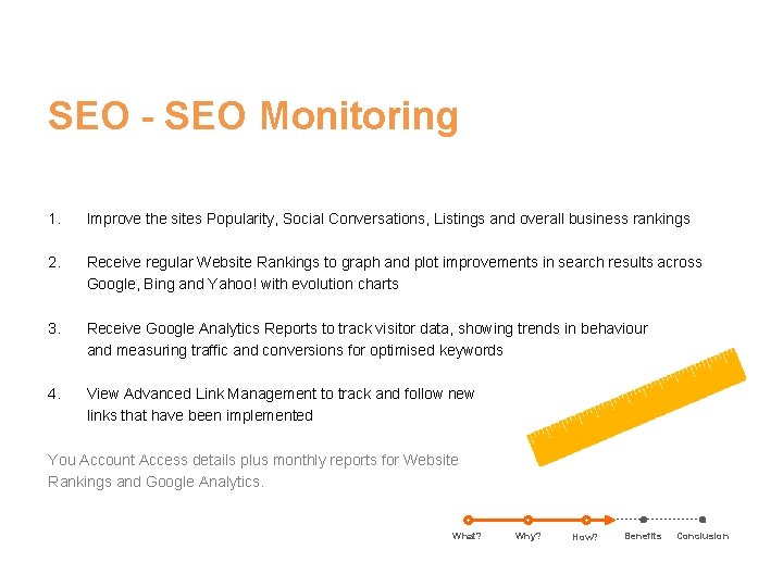 SEO - SEO Monitoring 1. Improve the sites Popularity, Social Conversations, Listings and overall