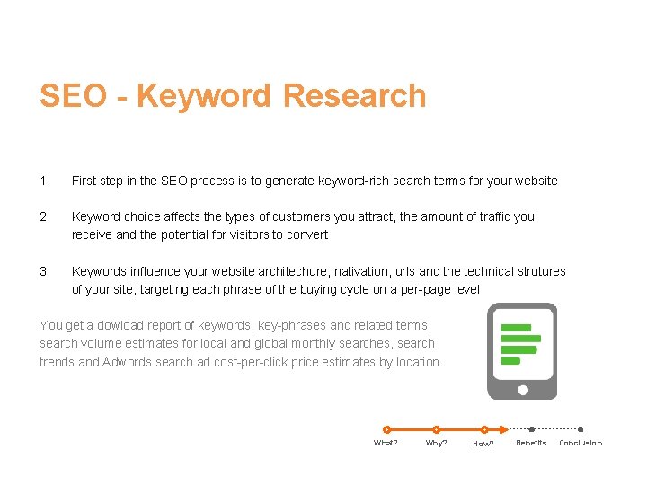 SEO - Keyword Research 1. First step in the SEO process is to generate