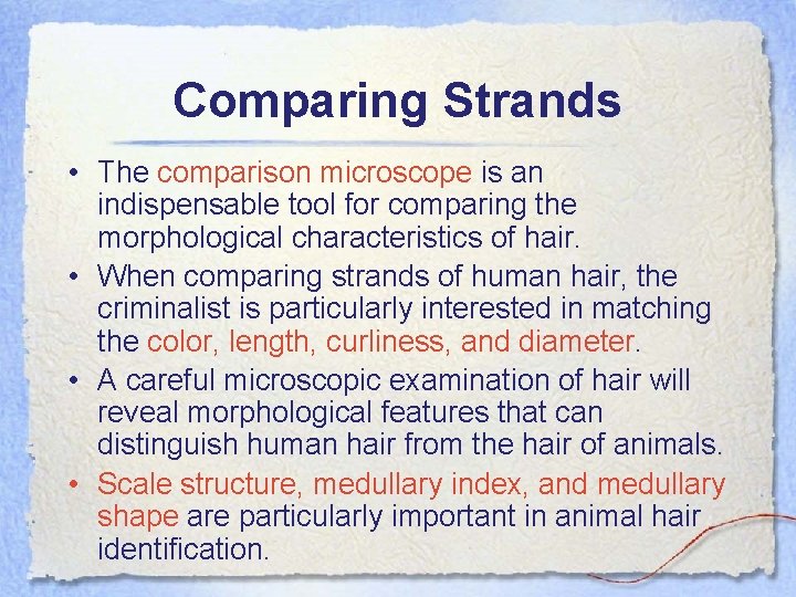 Comparing Strands • The comparison microscope is an indispensable tool for comparing the morphological
