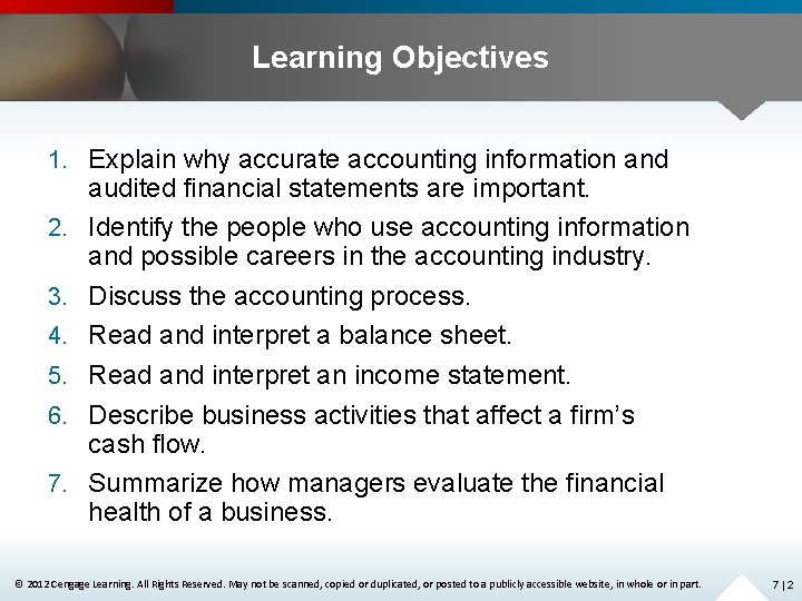 Learning Objectives 1. Explain why accurate accounting information and 2. 3. 4. 5. 6.