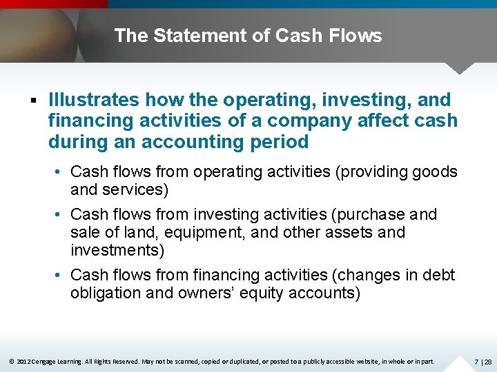 The Statement of Cash Flows § Illustrates how the operating, investing, and financing activities