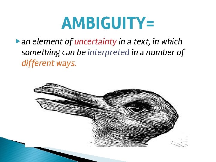 AMBIGUITY= ▶ an element of uncertainty in a text, in which something can be