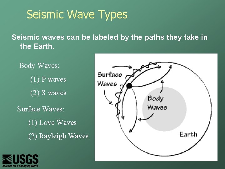 Seismic Wave Types Seismic waves can be labeled by the paths they take in