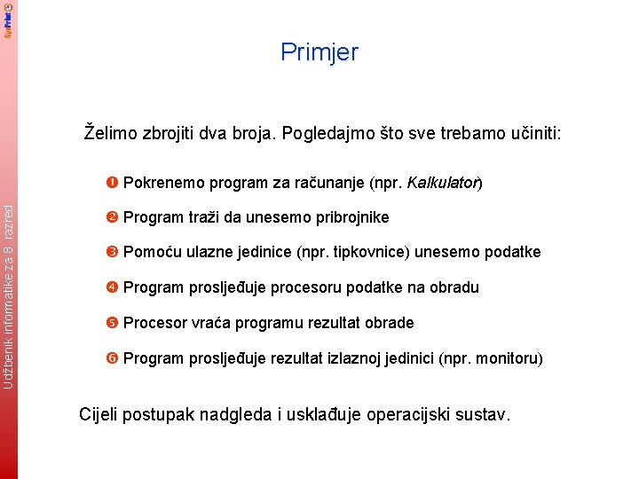 Primjer Želimo zbrojiti dva broja. Pogledajmo što sve trebamo učiniti: Udžbenik informatike za 8.