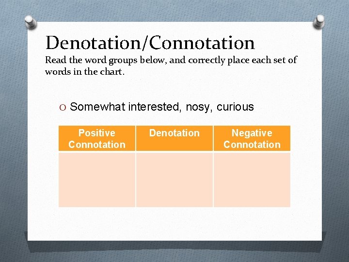 Denotation/Connotation Read the word groups below, and correctly place each set of words in