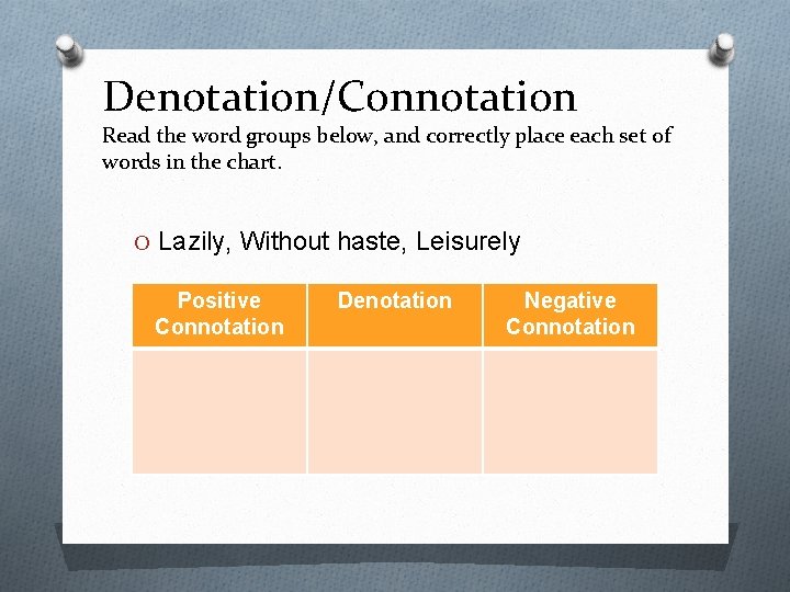 Denotation/Connotation Read the word groups below, and correctly place each set of words in