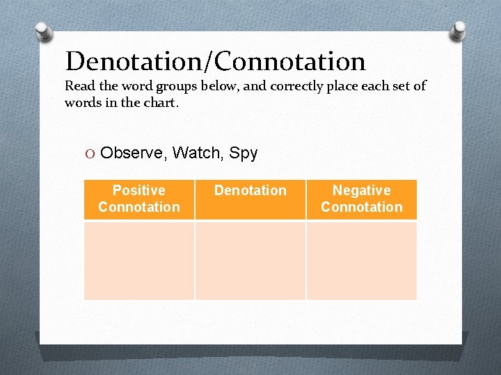 Denotation/Connotation Read the word groups below, and correctly place each set of words in
